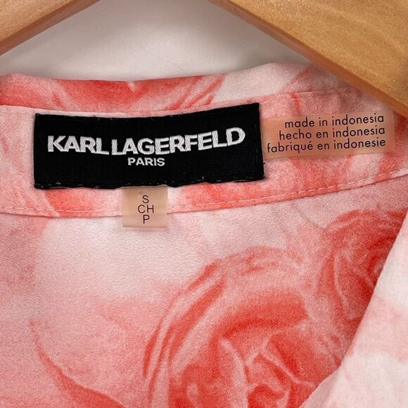 Karl Lagerfeld Paris Button Up Long Roll Tab Sleeve Top Floral Pink Women Small - Picture 3 of 5